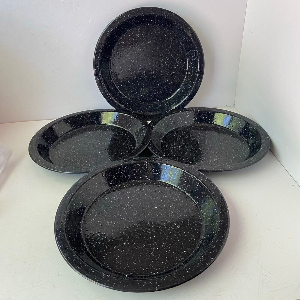 Black White Speckled Enamel Graniteware 10” Pie Lunch Plates Camping Vintage 4